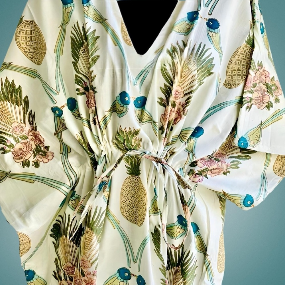 NEW Hand Block Printed Indian Cotton Kaftan Beach Coverup Nightgown Maxi Dress - Picture 3 of 10